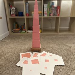 Montessori Pink Wood Tower + 10 laminated cards +  1 Wooden stand