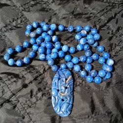 Vintage Lapis Lazuli Beaded Necklace With Lapis Lazuli Carved Pendant 