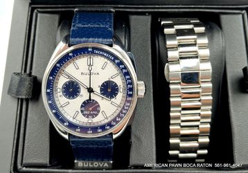 Bulova Lunar Pilot  Chronograph 43.5mm 98A305 Watch Two Bands Box Papers Quartz