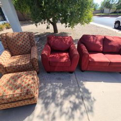 Red Loveseat and 2 Sofa Chair