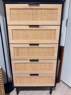 5-Drawer Tall Dresser with Rattan Front Panels
