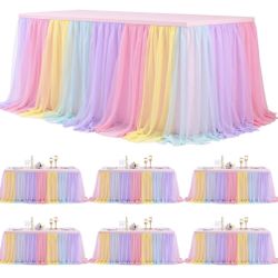6 Pack 6ft Rainbow Tulle Tablecloths For Rectangle Tables, 6 Foot Rainbow Rectangular Table Cloth Wrinkle Free Tablecover With Tutu Skirt For Baby Sho