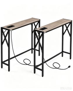 5.9" Narrow Sofa Table set of 2 with Charging Station, 39.4 Behind Couch Table with Outlet, Slim Entryway Console Table, Small Space, for Hallway, Liv