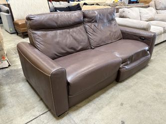 CHATEAU D’AX Espresso Brown Leather Contrast Stitch Dual Reclining Sofa