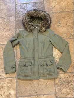 Abercrombie Kids Olive Green Faux-Fur Trim Sherpa Lined Parka Jacket Size XL