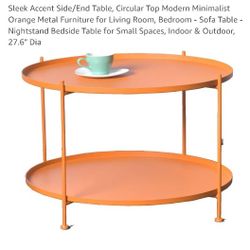 New Sleek Accent 2 Tier Side End Table, Circular Top Modern Orange Metal Furniture, Indoor & Outdoor, 27.6"W x21.6"H