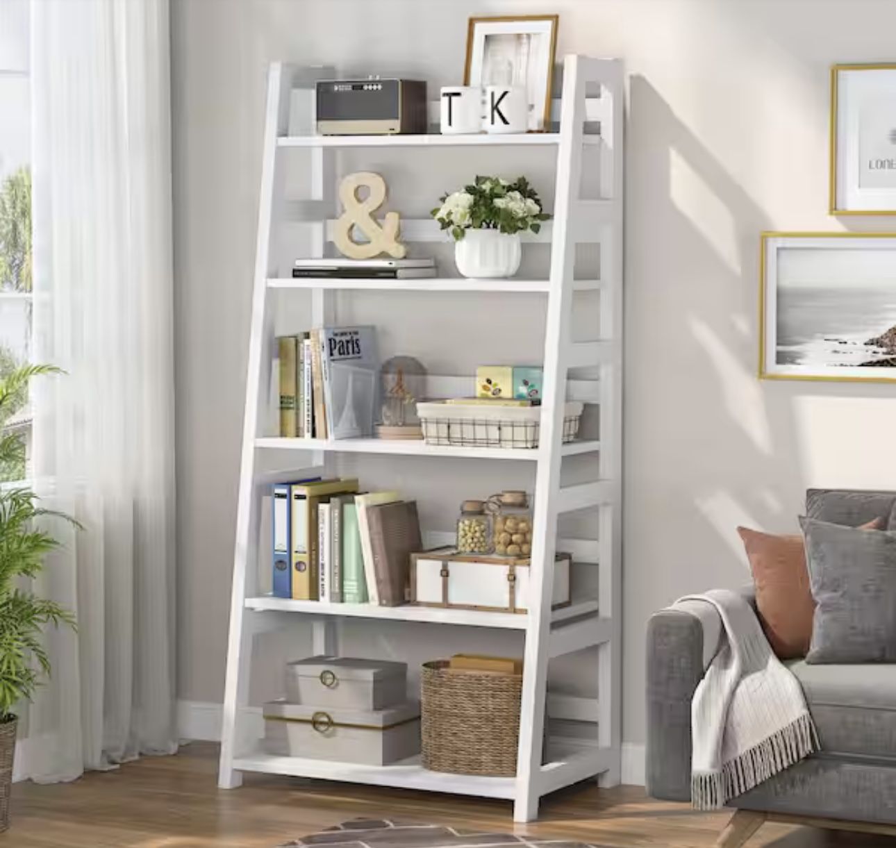 56.5 in. White Wood 5-Shelf Ladder Bookcase Modern Bookshelf with 5-Tier Shelves