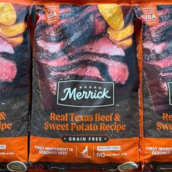 NEW! Merrick Premium Grain Free Natural Kibble, Real Texas Beef Sweet Potato 22lb bag