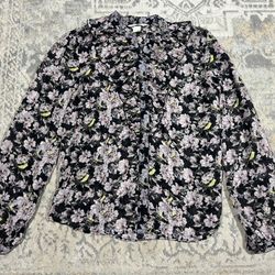 H&M Women's Purple Floral Ruffle Long Sleeve Sheer Top Blouse Size 4 Button 