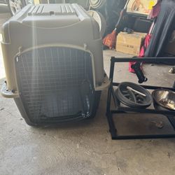 Large Dog Cage & Raised Dog Bowl 