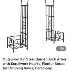 6.7' Steel Garden Arch Arbor with Scrollwork Hearts, Planter Boxes 