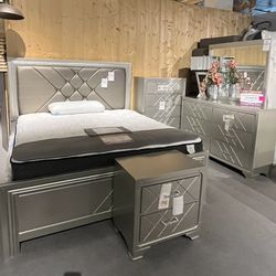 Champagne King Bed, Dresser, Mirror And One Nightstand