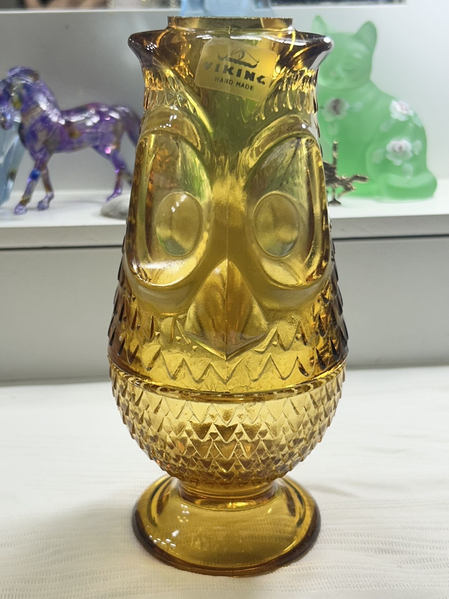 Vintage Viking Glass Amber Horned Owl Fairy Lamp