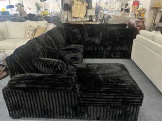Black Ribbed Velvet Sectional Sofa with Ottoman