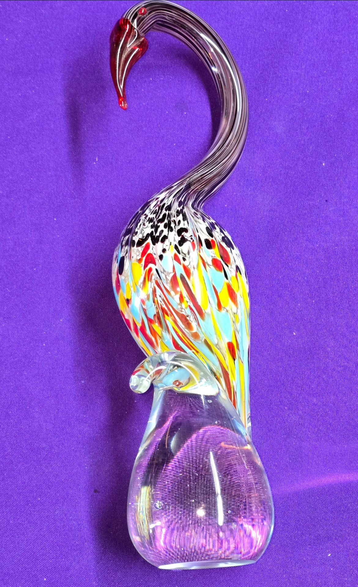Vintage Murano Venetian hand-blown glass swan figurine featuring a vibrant multicolored "millefiori" or "thousand flowers" pattern. A68M016