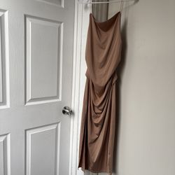 Brown Ruched Knot Long Slip Dress Sleeveless Cowl Neck Solid Strappy Women