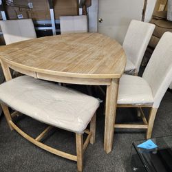 Black Friday Sale Counter Height Triangle Dining Set Oak & Beige $529 Table, 4 Chairs & Bench