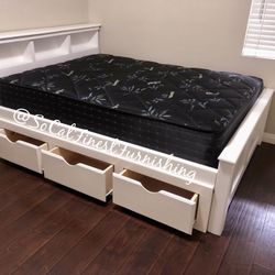 New White King Bed With Storage And Mattress 