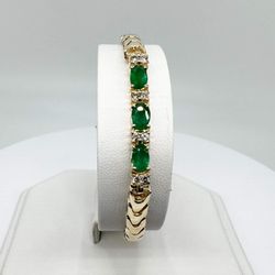 Beautiful Emerald & Diamond 14k Yellow Gold 7” Bracelet 14” 15.1 Grams 11047087