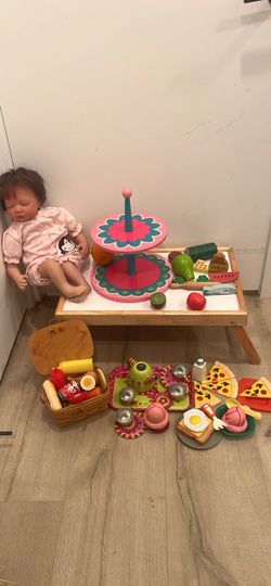 Wooden Kids Play Food Toy Set, Reborn doll, Longaberger basket clean