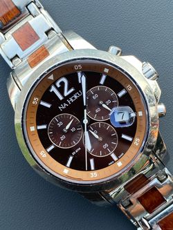 🔥 RETIRED: Na HOKU 42mm Chronograph Stainless Steel Watch w Koa Wood Inlay & Sapphire Crystal WR 20ATM