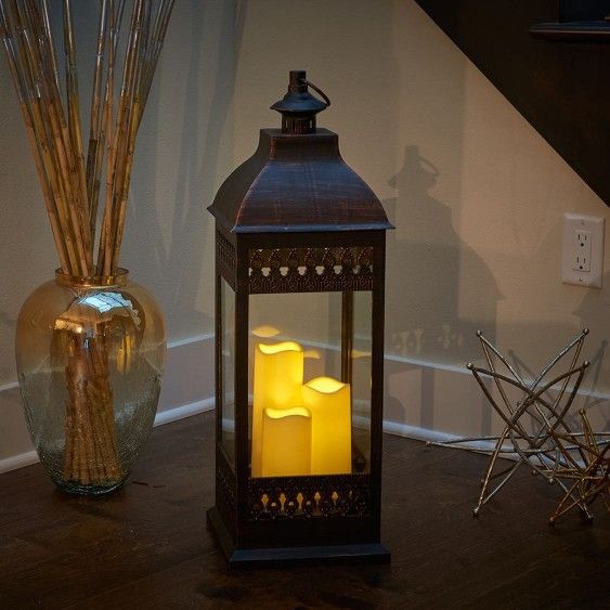 SET 2 PAIR OF LANTERNS 3 CANDLES W GLASS 28" HIGH W REMOTE