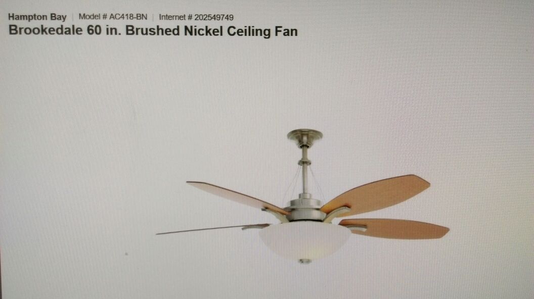 Hampton Bay Brookdale 60 Inch Ceiling Fan With A Brushed Nickel Finish Elm/Maple Blades Reversible