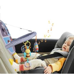 Car Seat Toys for Babies 0-6 Months, Rear-Facing Car Seat Bow Toy with Music, Mirror, Rattle, Teether, Hanging Toy for Babies 0-6-12 Months, Sensory T