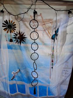 Bohemian decor Tapestries(5), singing bowls, healing stones, windshield, dream catchers, moon shaped incense burner and cone incense