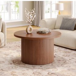 ONBRILL 31.5" Round Coffee Table, Tambour Design Coffee Tables for Living Room, Mid Century Modern Wood Coffee Table, Drum Accent Small Center Table, 