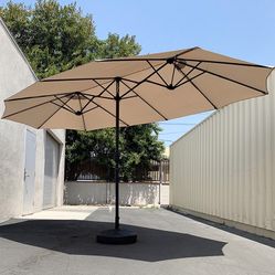New in box $130 Large 15 FT Double Sided Outdoor Umbrella with 65 LBS Plastic Weight Base (Beige color)