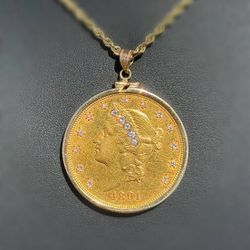 14k Yellow Gold Large Bezel 1891 $20 Liberty 1oz Coin Pendant natural diamonds 0.80CTW