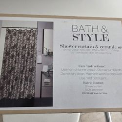 Bath Bliss Bath Set- Shower Curtain, Hooks, Ceramic Soap Dispenser & Tumbler