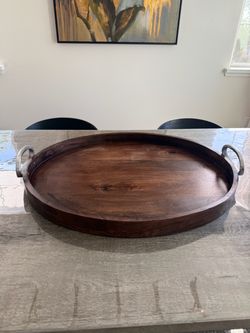 Large oval Wood Serving Tray with Metal Handles