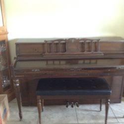 Koehler & Campbell upright piano, and padded bench with storage