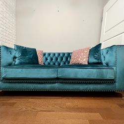Acme Teal Velvet Tufted Sofa w/ Nailhead Trim and Pillows - 76”