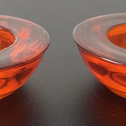 2 Crate & Barrel Summer Orange Glass Small Tea Light Votive Candle Holder.