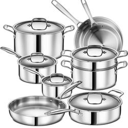 Legend 5 Ply 14 pc All Stainless Steel Heavy Pots & Pans Set | Professional Quality Cookware 5ply Clad Home Cooking