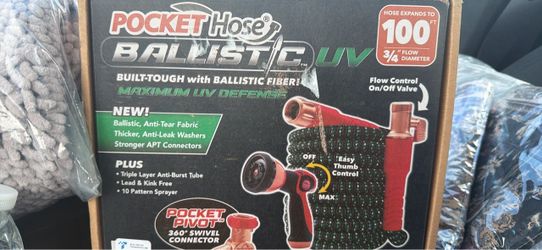 New! Pocket Hose Ballistic Double UV 100 FT Expandable Garden Hose, Pocket Pivot 2X UV protection, ballistic-fiber anti-burst sleeve, 360° swivel, no-