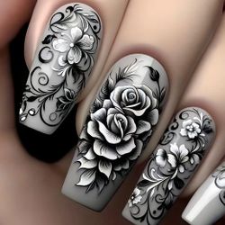 24-pcs. Medium Black & White Floral Rose Design Press-On Nails