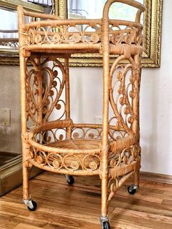 Vintage Braided Wicker Rattan Rolling Service Bar Cart
