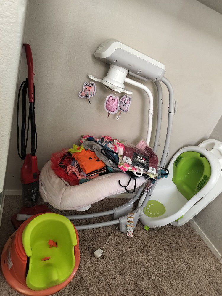 Babygirl Swing, Bathtub, Baby chair, Some Clothes Misc. 