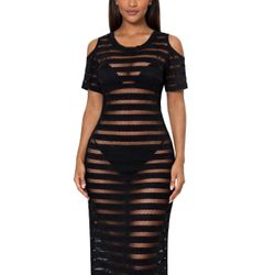 Calvin Klein Black Mesh Stripe Cold Shoulder Maxi Swim Cover Up Dress S/M 