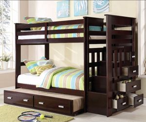 Brand New Espresso Twin Size Bunk Bed w Staircase + Trundle Bed