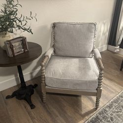 Mid Century Beige Spindle Accent Chair Upholstered Armchair with Thick Cushion and Wood Frame