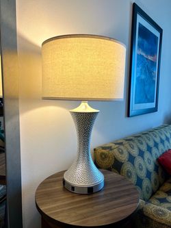 Modern Silver Table Lamp with Built-in Power Outlets