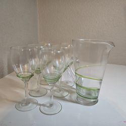 ​💚 Glass Pitcher & 6 Wine Glasses Set with Green Swirl Design