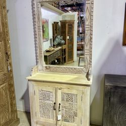 Carved Storage Cabinet with Mirror
