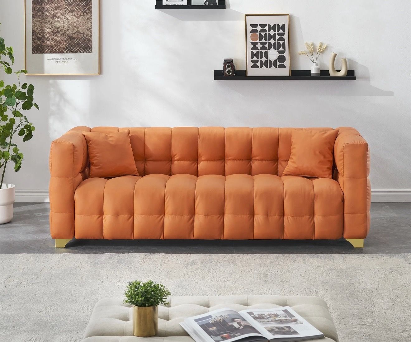 Jocelynne Modern 80" sofa with two throw pillows for living room