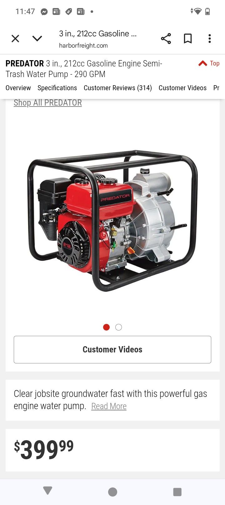 3 Inch Preditor Gas Powered Water pump. 212cc